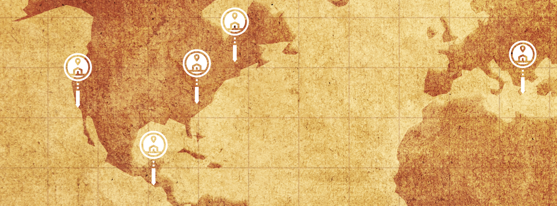 World map with icons on a vintage brown background